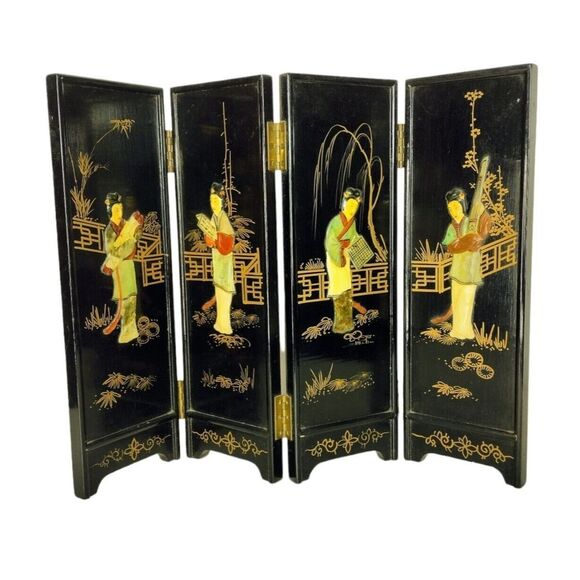 Vintage 1950s Geisha Lacquered Bamboo Abalone Paneled Tabletop Screen Divider - Picture 2 of 12